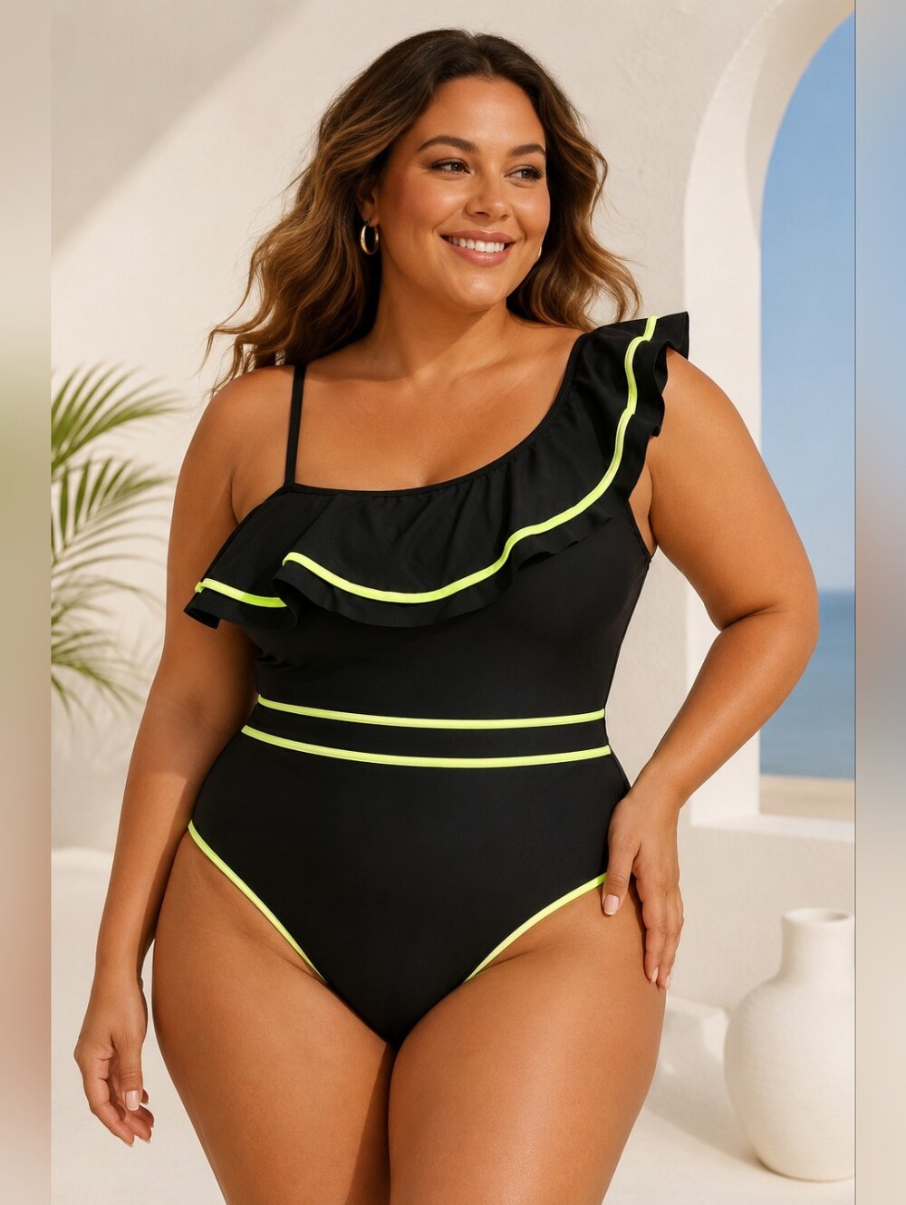 Black One-Shoulder Ruffle Swim Suit with Neon Trim